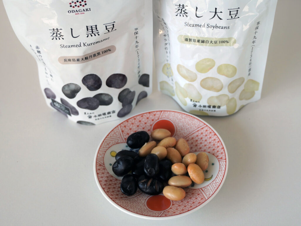 『蒸し黒豆ドライパック丹波黒』（50g／280円）、『錦白大豆』（50g／216円）