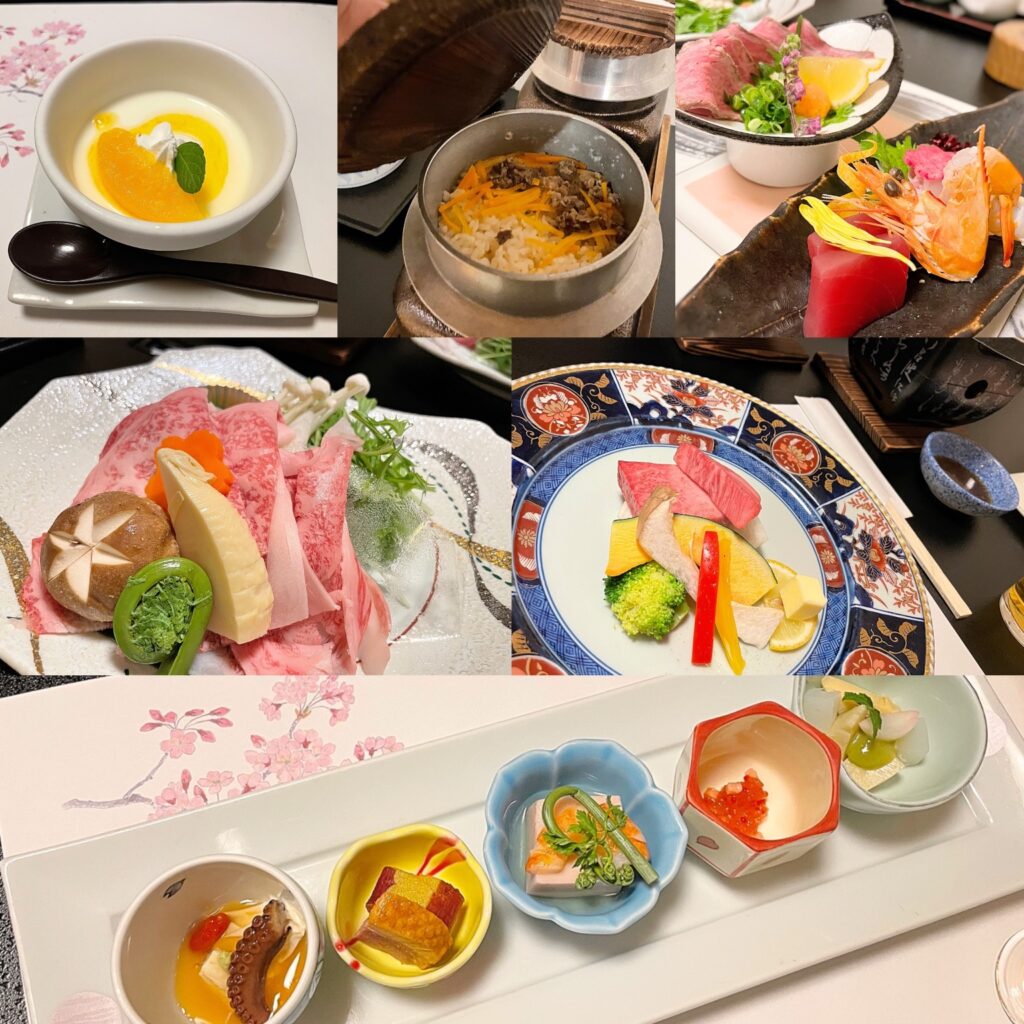 （下段）前菜 旬菜盛り合わせ、（上段右）造り 神戸牛ローストビーフタタキ風と鯛・鮪・天使の海老、（中段左）鍋物 神戸牛と山菜の豆乳鍋、（中段右）焼物 神戸牛ステーキ、（上段中）食事 牛釜めし、（上段左）デザート 季節のパンナコッタ、他に茶碗蒸などあり